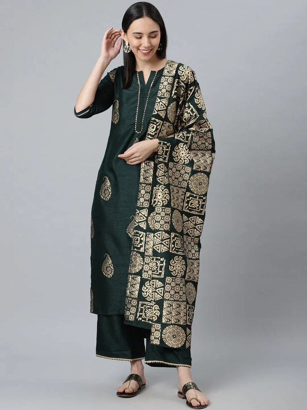 Green Printed Silk Blend Suit Set - Jashvi