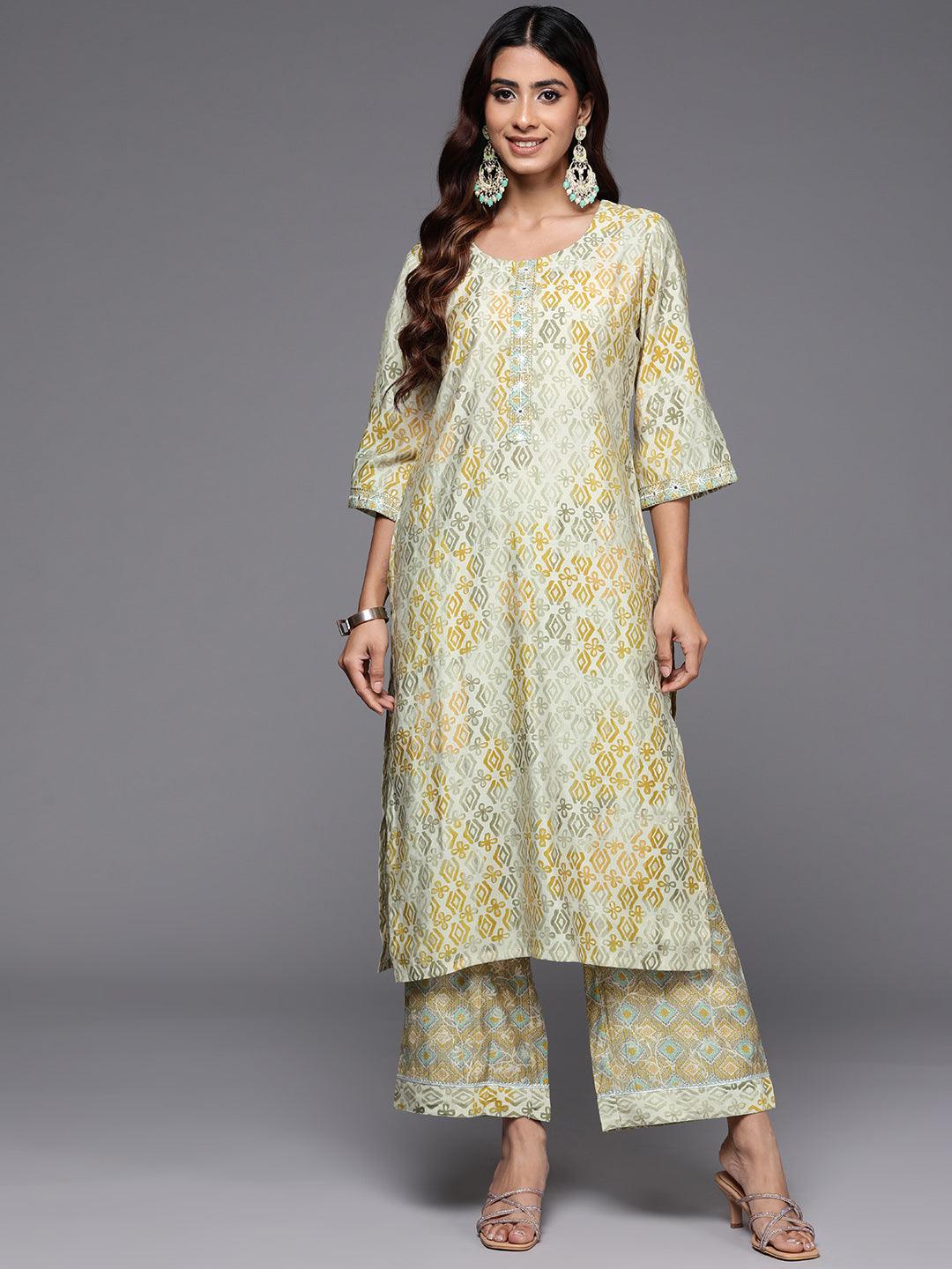 Green Printed Silk Blend Straight Kurta With Palazzos - Jashvi