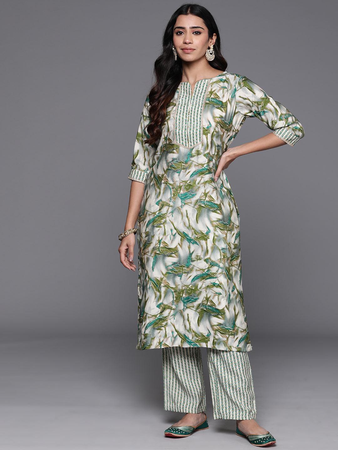 Green Printed Silk Blend Straight Kurta With Palazzos - Jashvi