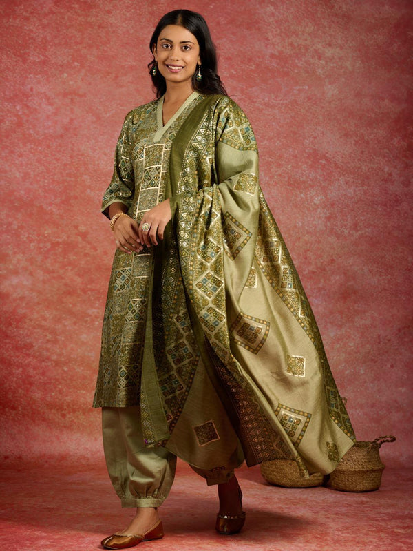 Green Printed Silk Blend Straight Kurta With Salwar & Dupatta - Jashvi