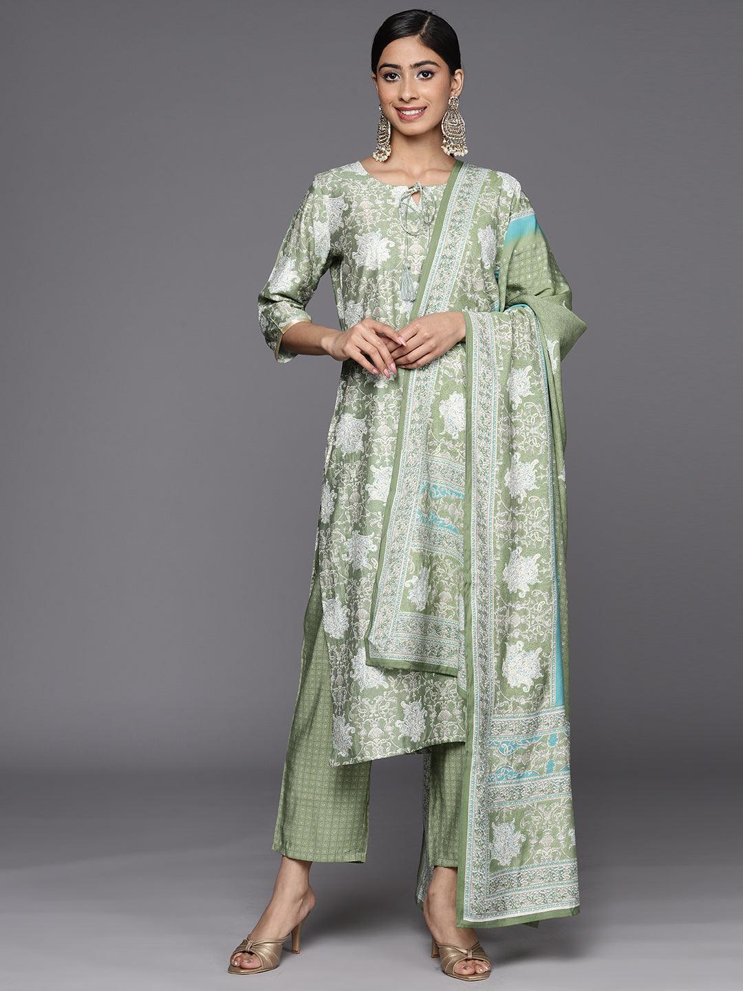 Green Printed Silk Blend Straight Suit Set With Trousers - Jashvi