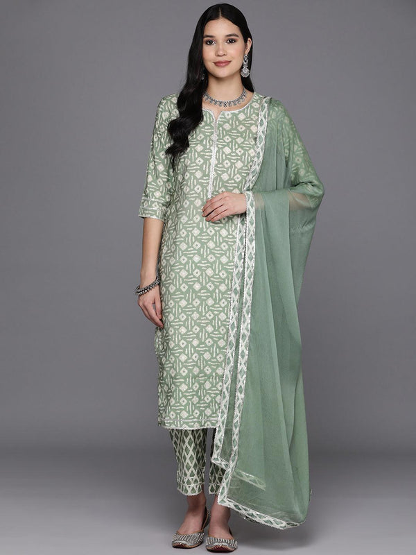 Green Printed Silk Blend Straight Suit Set With Trousers - Jashvi