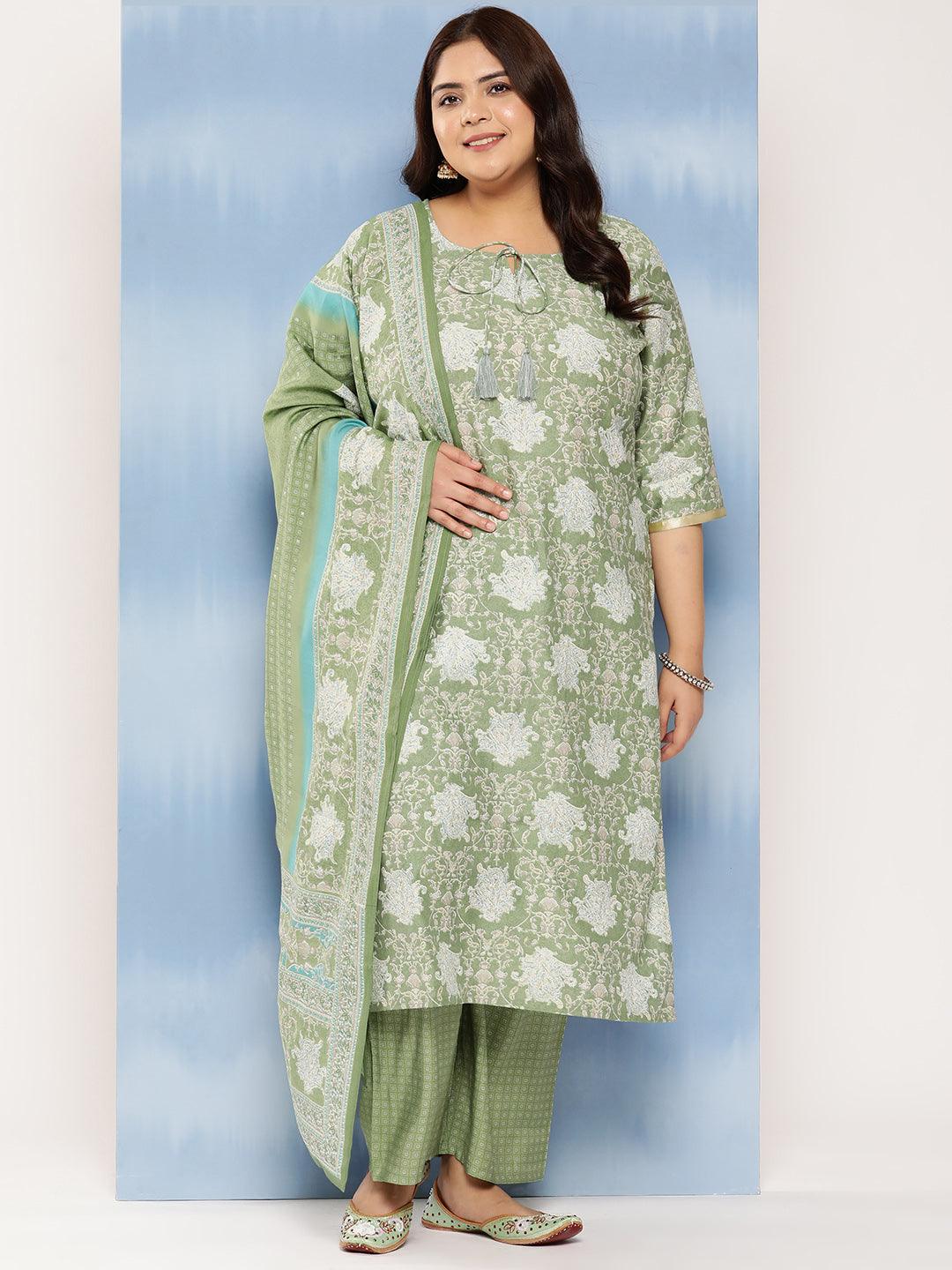 Green Printed Silk Blend Straight Kurta With Trousers and Dupatta - Jashvi