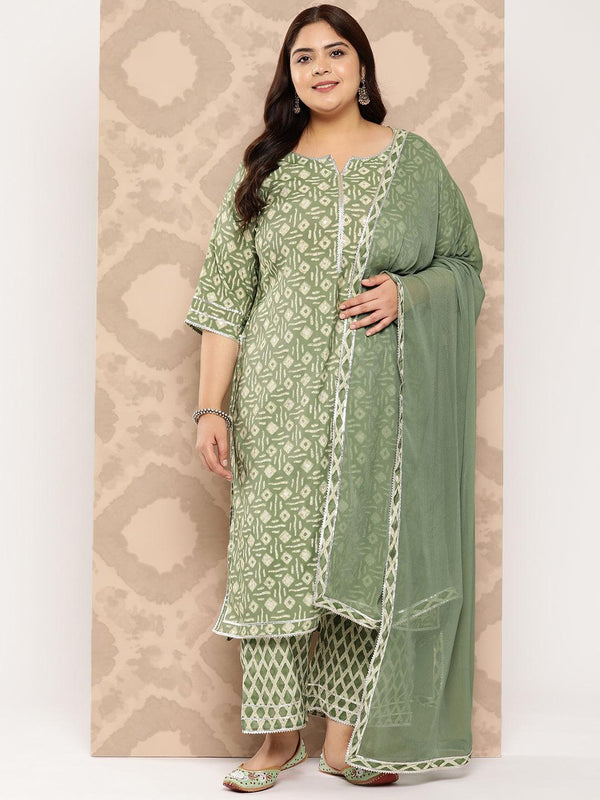 Green Printed Silk Blend Straight Kurta With Trousers and Dupatta - Jashvi