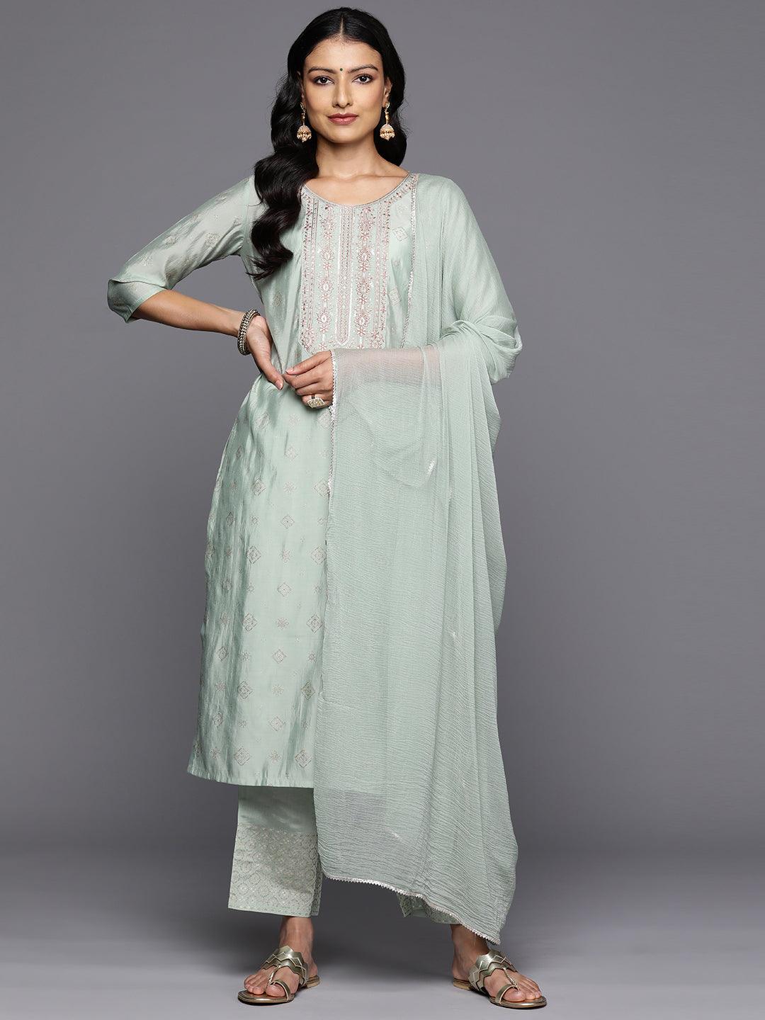 Green Printed Silk Blend Straight Kurta With Trousers & Dupatta - Jashvi