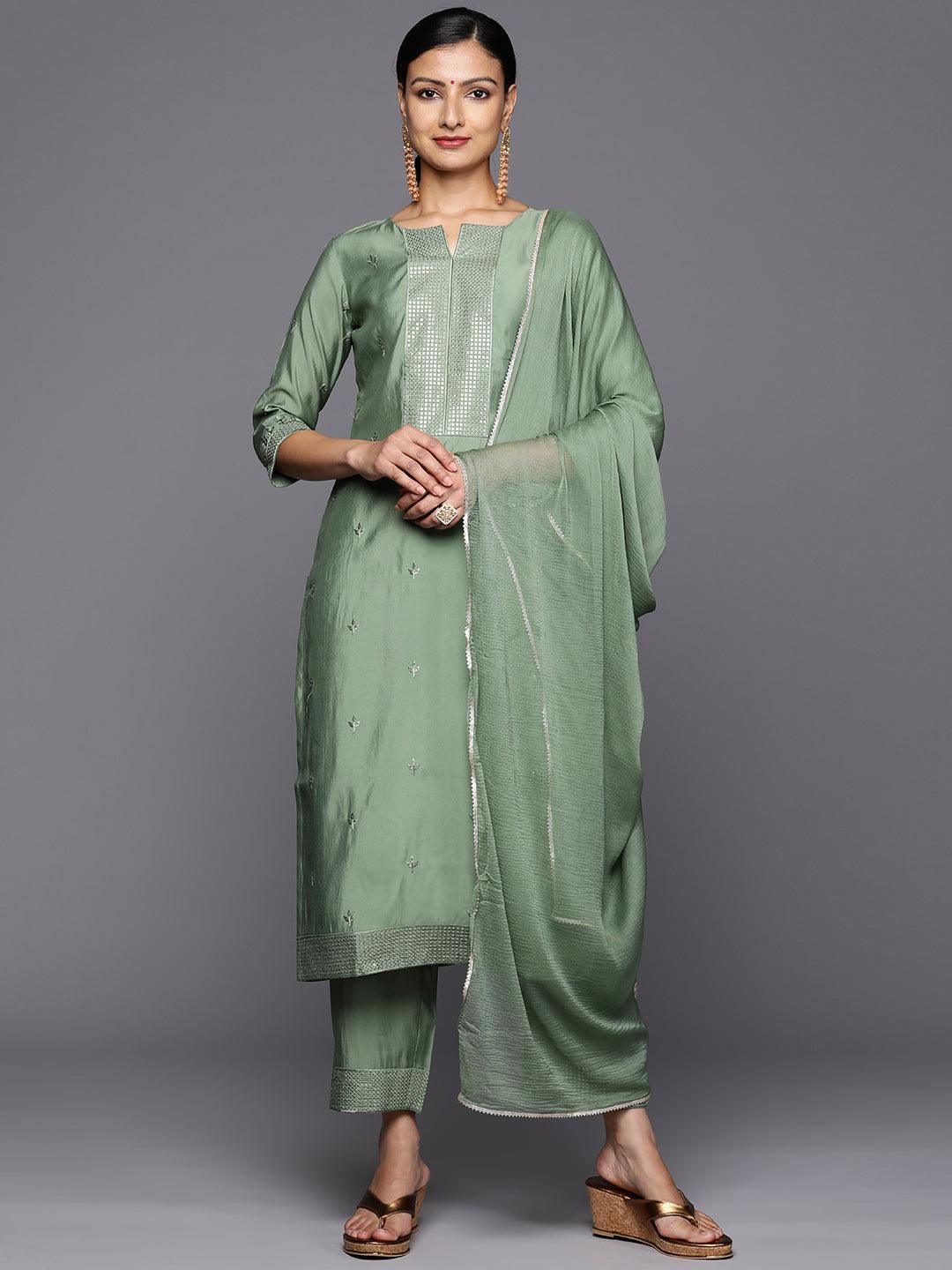 Green Printed Silk Blend Straight Kurta With Trousers & Dupatta - Jashvi