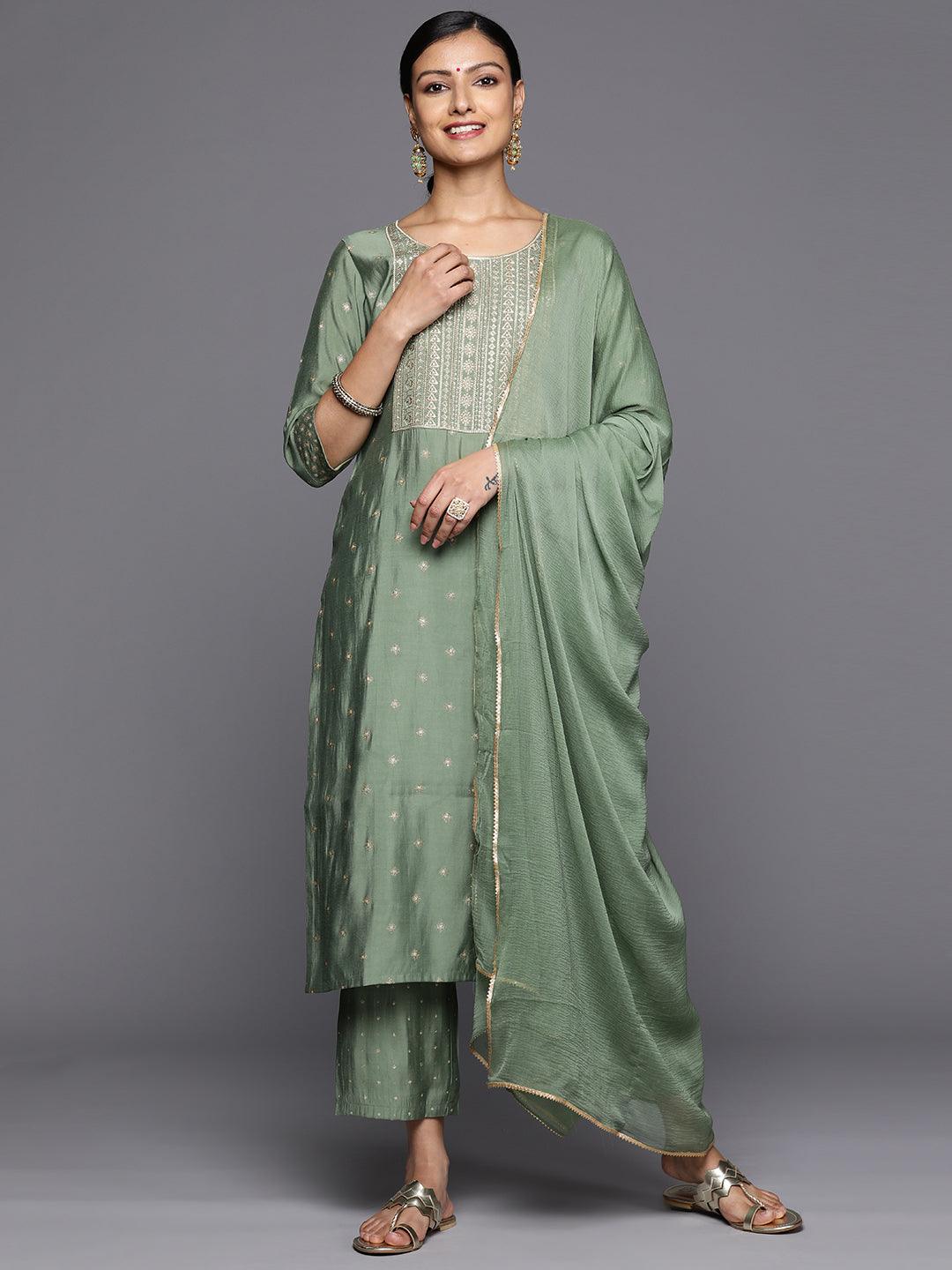 Green Printed Silk Blend Straight Kurta With Trousers & Dupatta - Jashvi