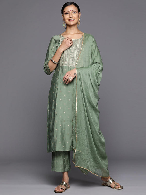 Green Printed Silk Blend Straight Kurta With Trousers & Dupatta - Jashvi