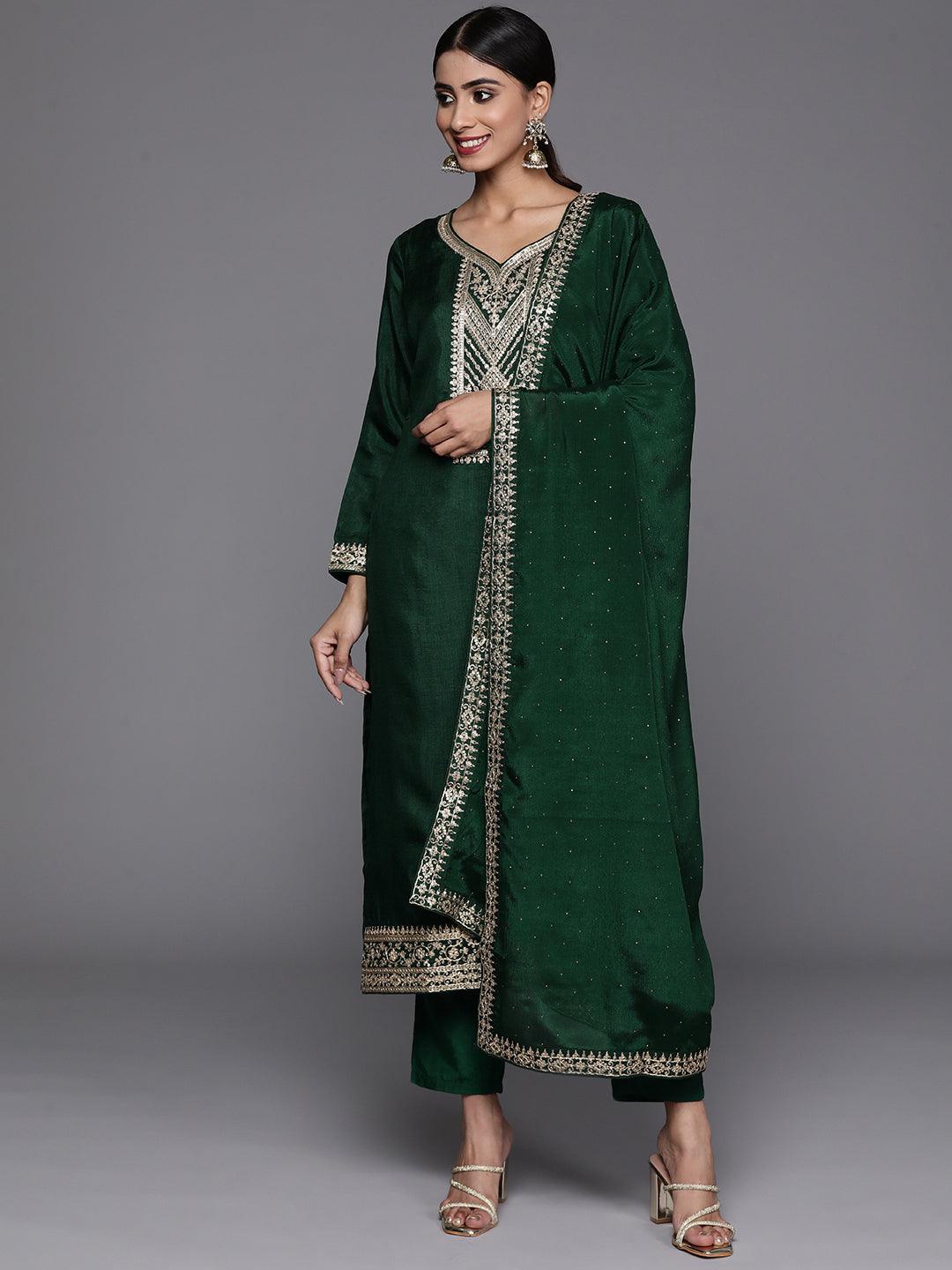 Green Printed Silk Blend Straight Kurta With Trousers & Dupatta - Jashvi