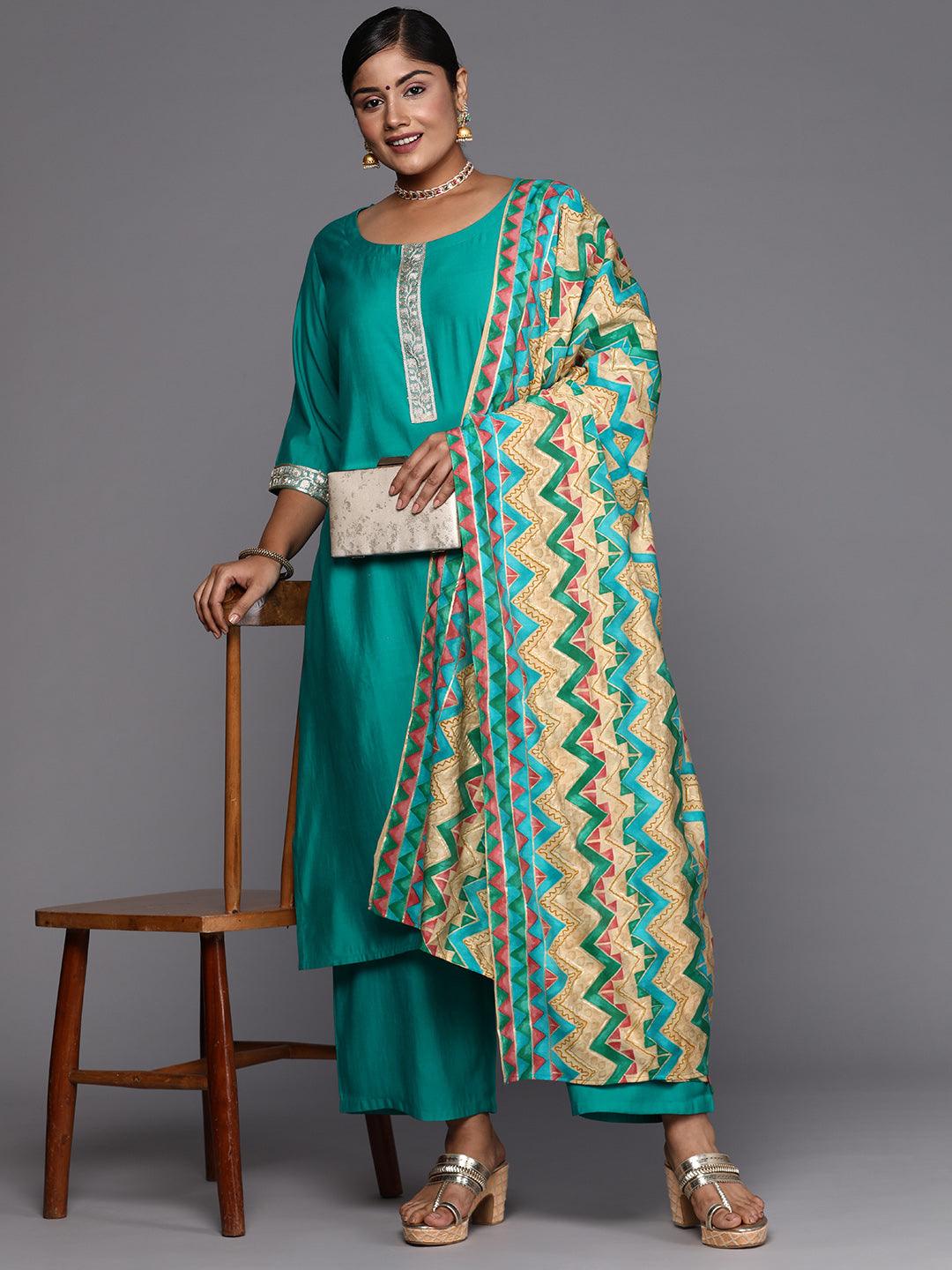 Green Printed Silk Blend Straight Kurta With Trousers & Dupatta - Jashvi