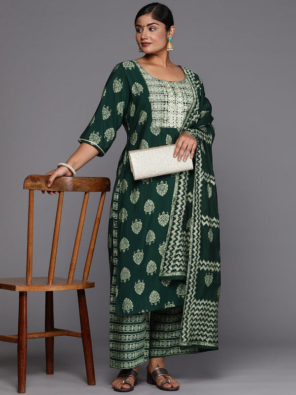 Green Printed Silk Blend Straight Kurta With Trousers & Dupatta - Jashvi