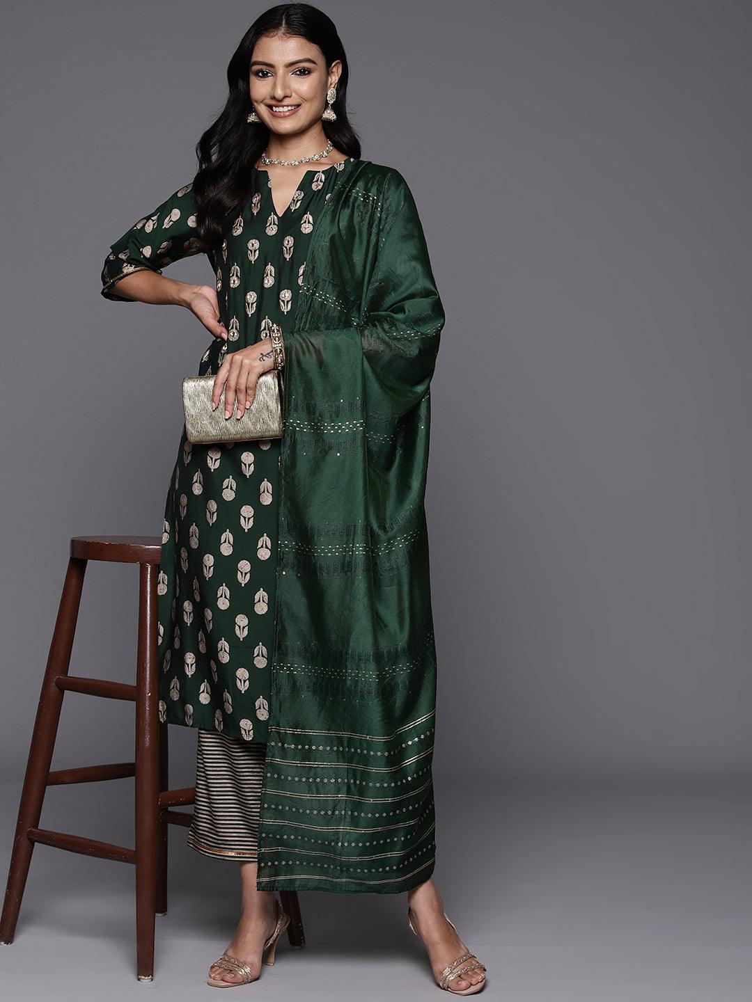 Green Printed Silk Blend Straight Kurta With Trousers & Dupatta - Jashvi