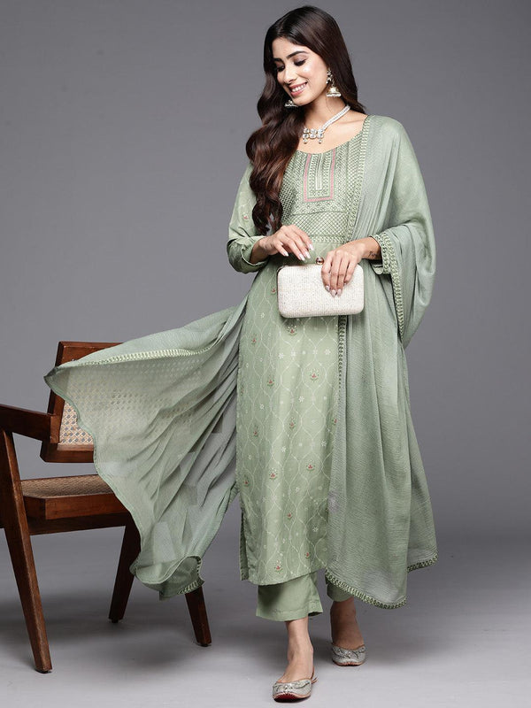 Green Printed Silk Blend Straight Kurta With Trousers & Dupatta - Jashvi