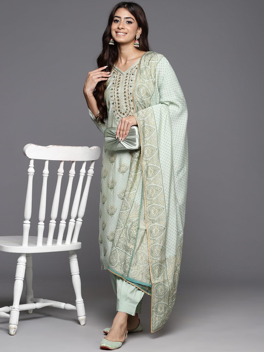 Green Printed Silk Blend Straight Kurta With Trousers & Dupatta - Jashvi