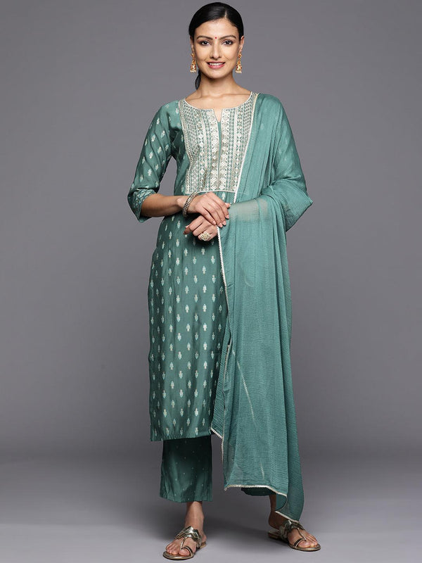 Green Printed Silk Blend Straight Kurta With Trousers & Dupatta - Jashvi