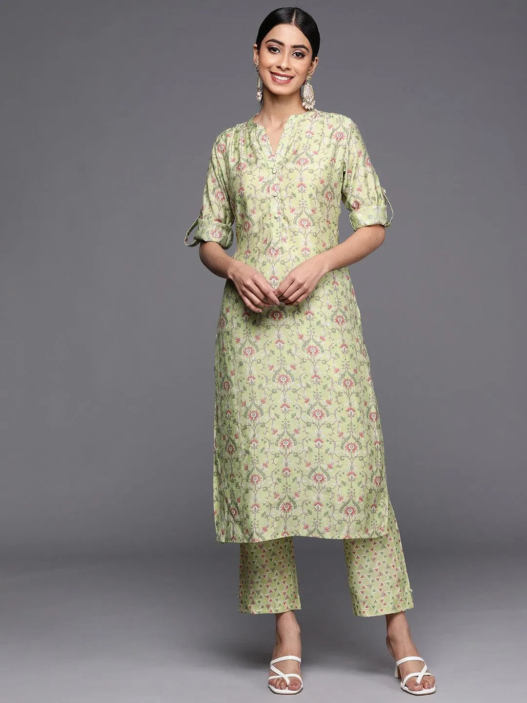 Green Printed Silk Blend Straight Kurta Set With Trousers - Jashvi