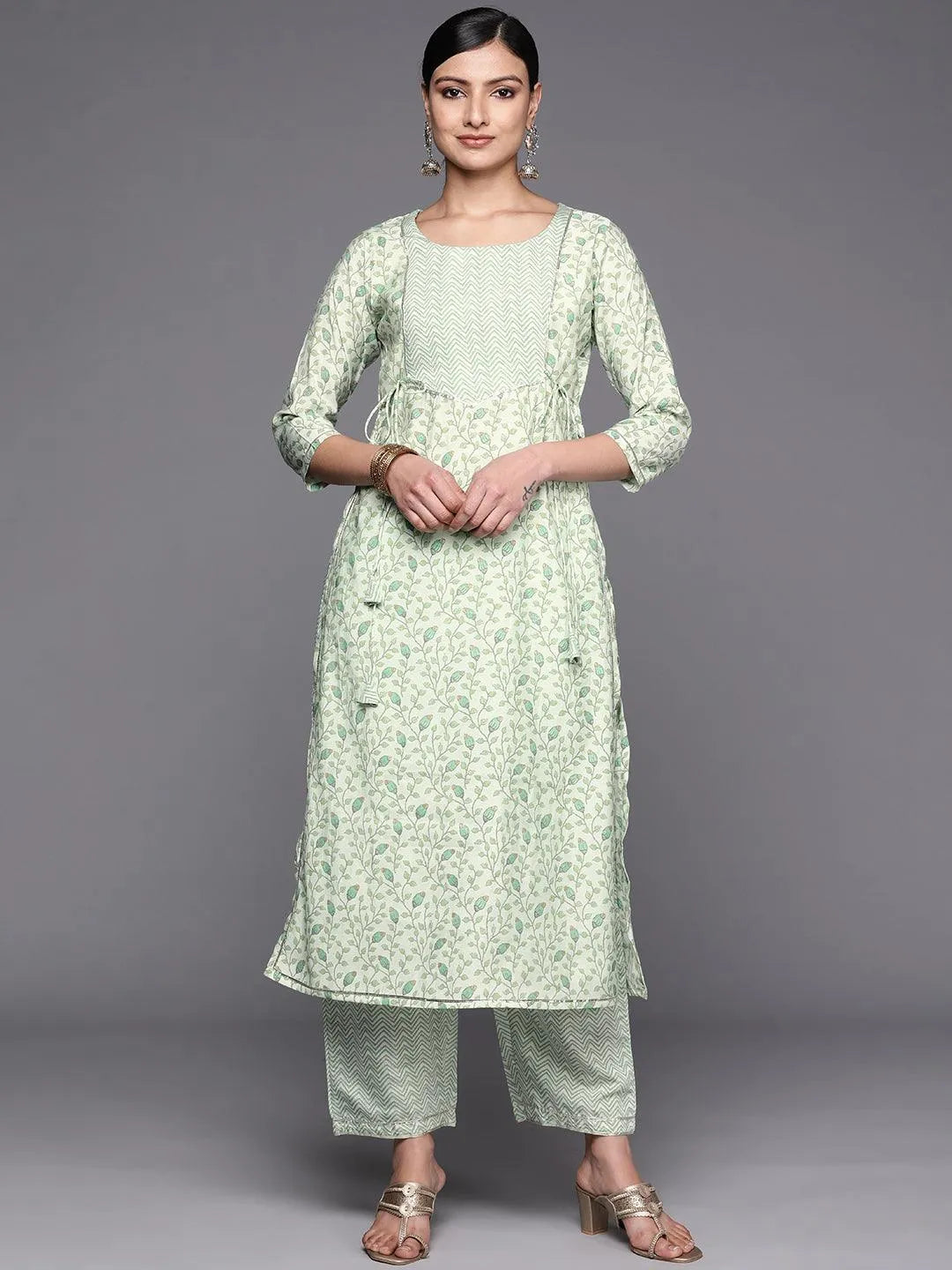 Green Printed Silk Blend Straight Kurta Set With Trousers - Jashvi