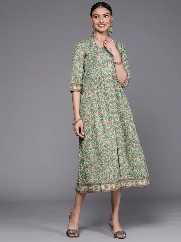 Green Printed Silk Dress - Jashvi