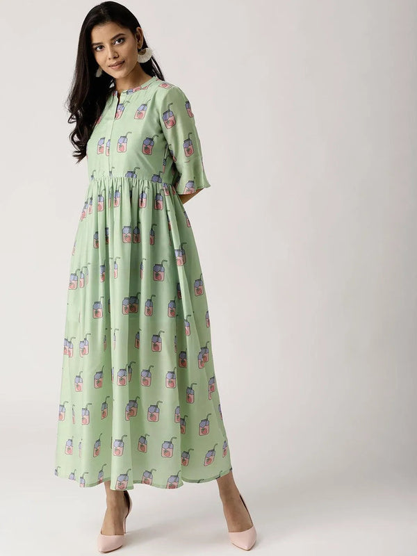 Green Printed Silk Dress - Jashvi