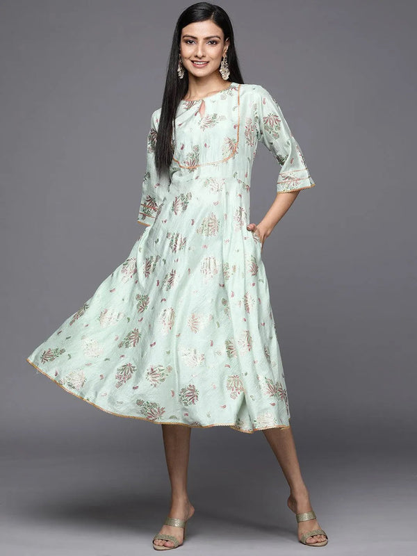 Green Printed Silk Empire Dress - Jashvi