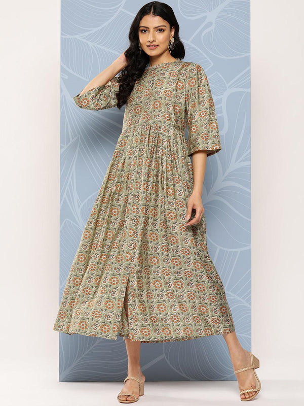 Green Printed Silk Fit and Flare Dress - Jashvi