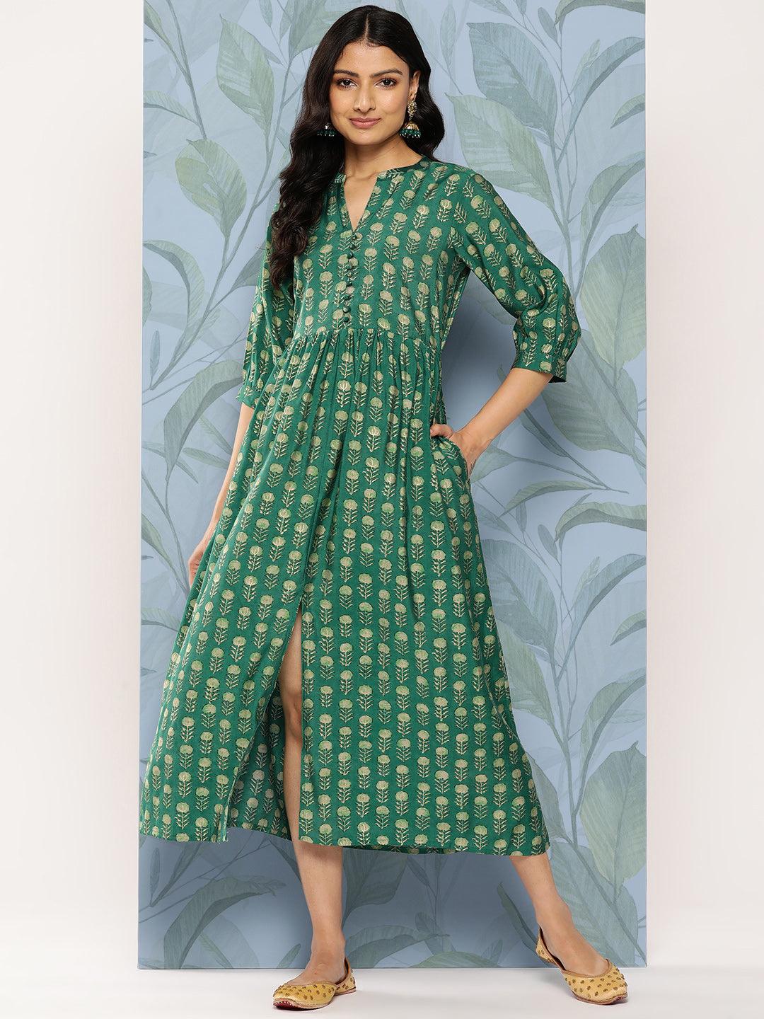 Green Printed Silk Fit and Flare Dress - Jashvi