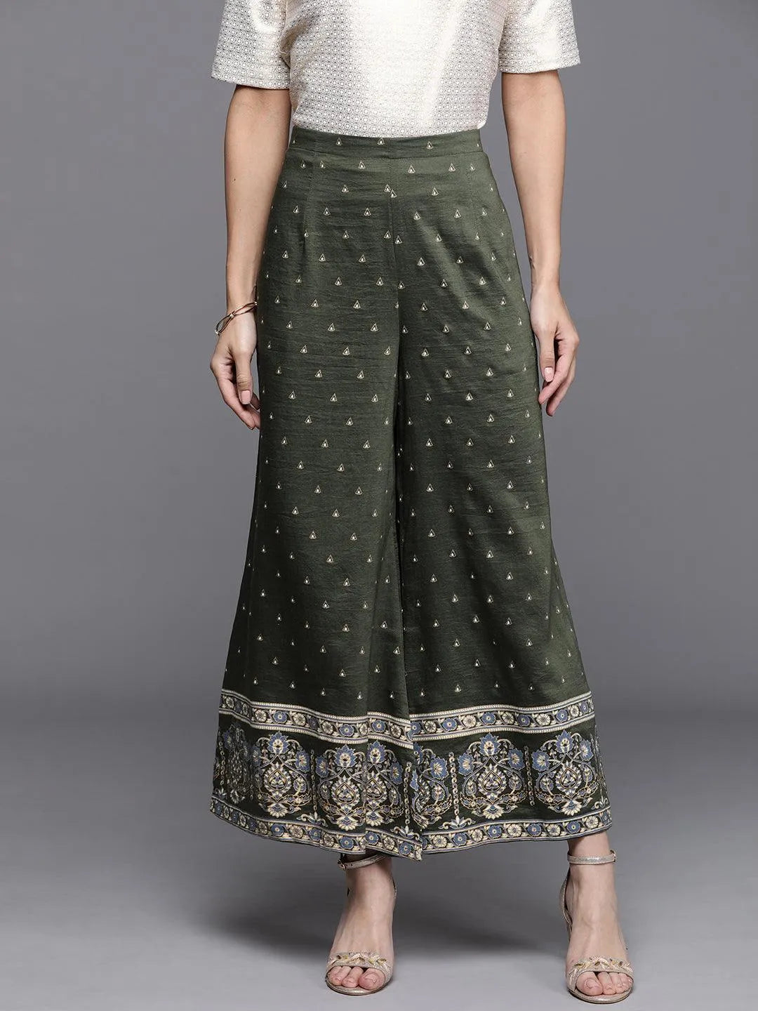 Green Printed Silk Palazzos - Jashvi