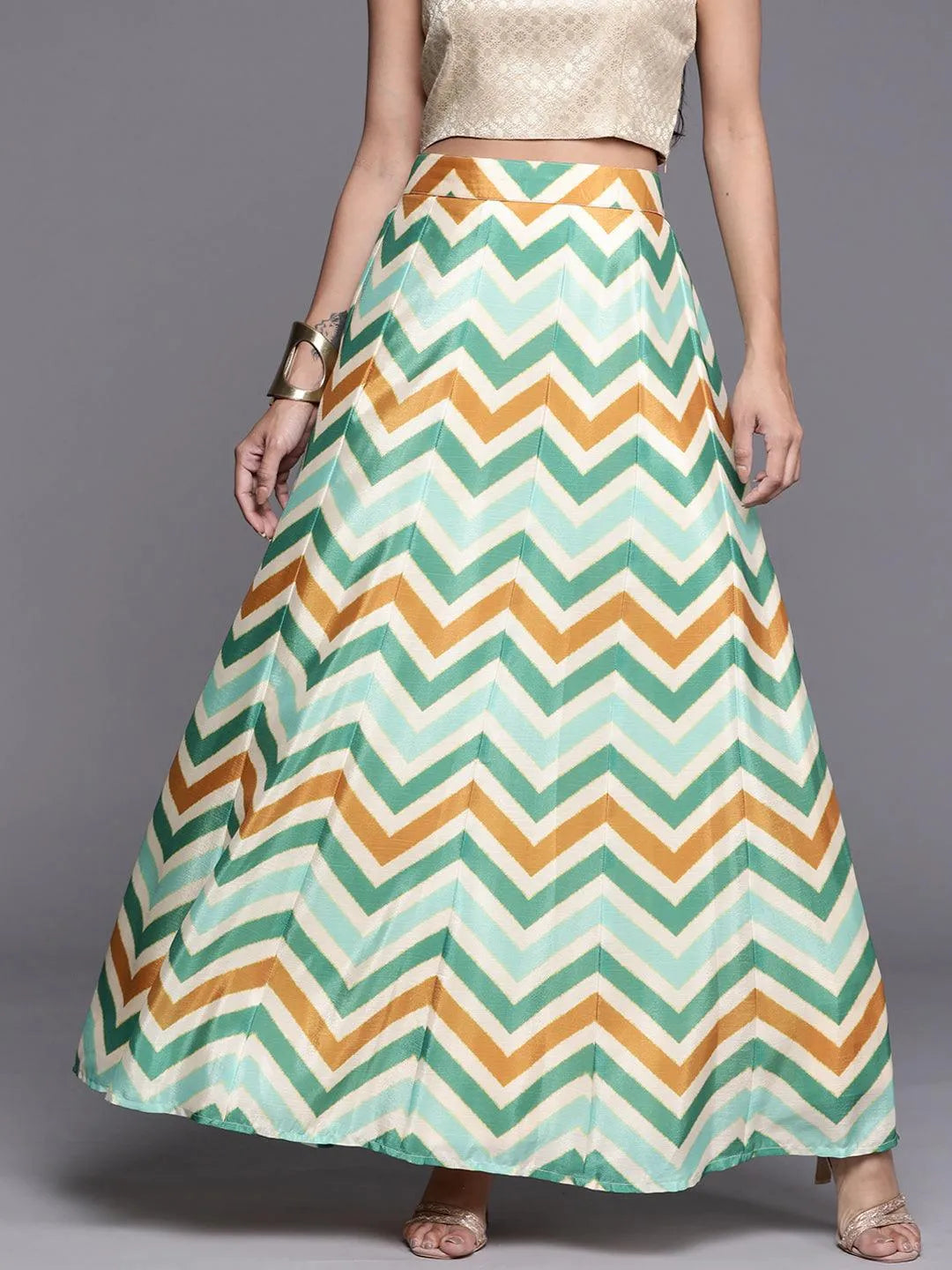 Green Printed Silk Skirt - Jashvi