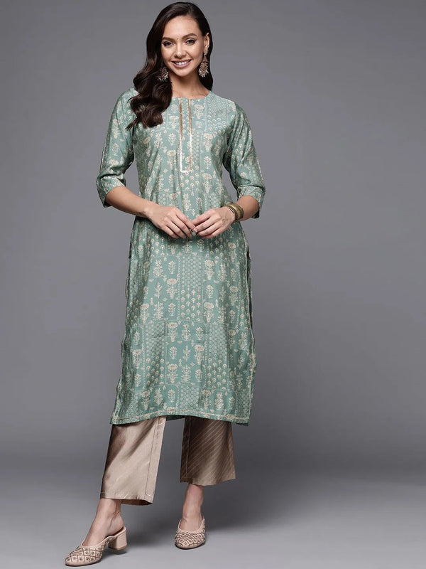 Green Printed Silk Straight Kurta - Jashvi