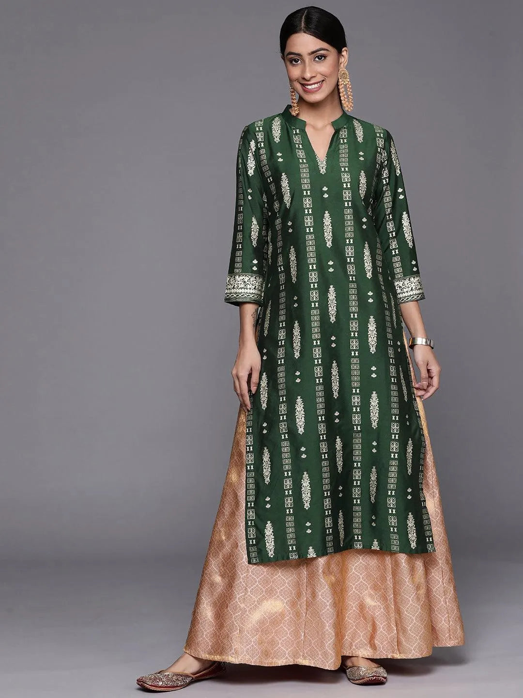 Green Printed Silk Straight Kurta - Jashvi