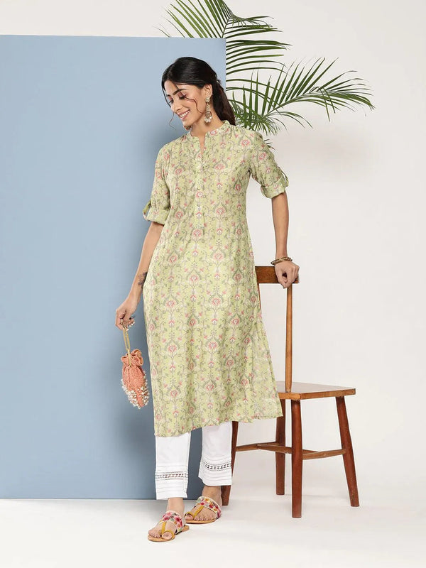 Green Printed Silk Straight Kurta - Jashvi