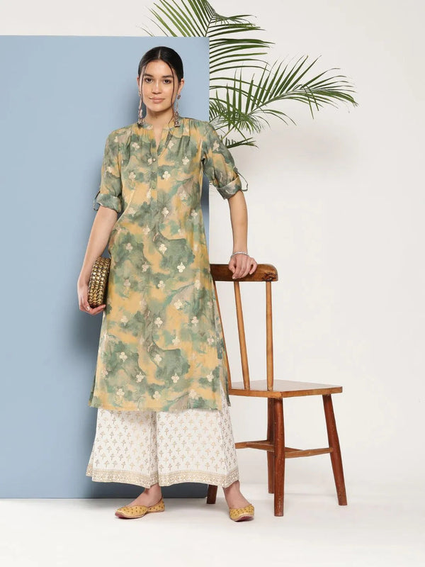 Green Printed Silk Straight Kurta - Jashvi