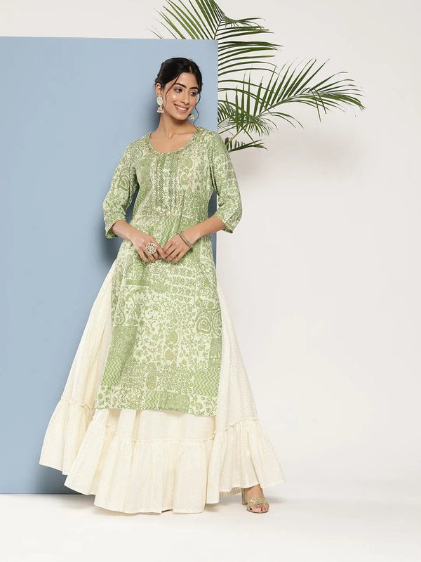 Green Printed Silk Straight Kurta - Jashvi