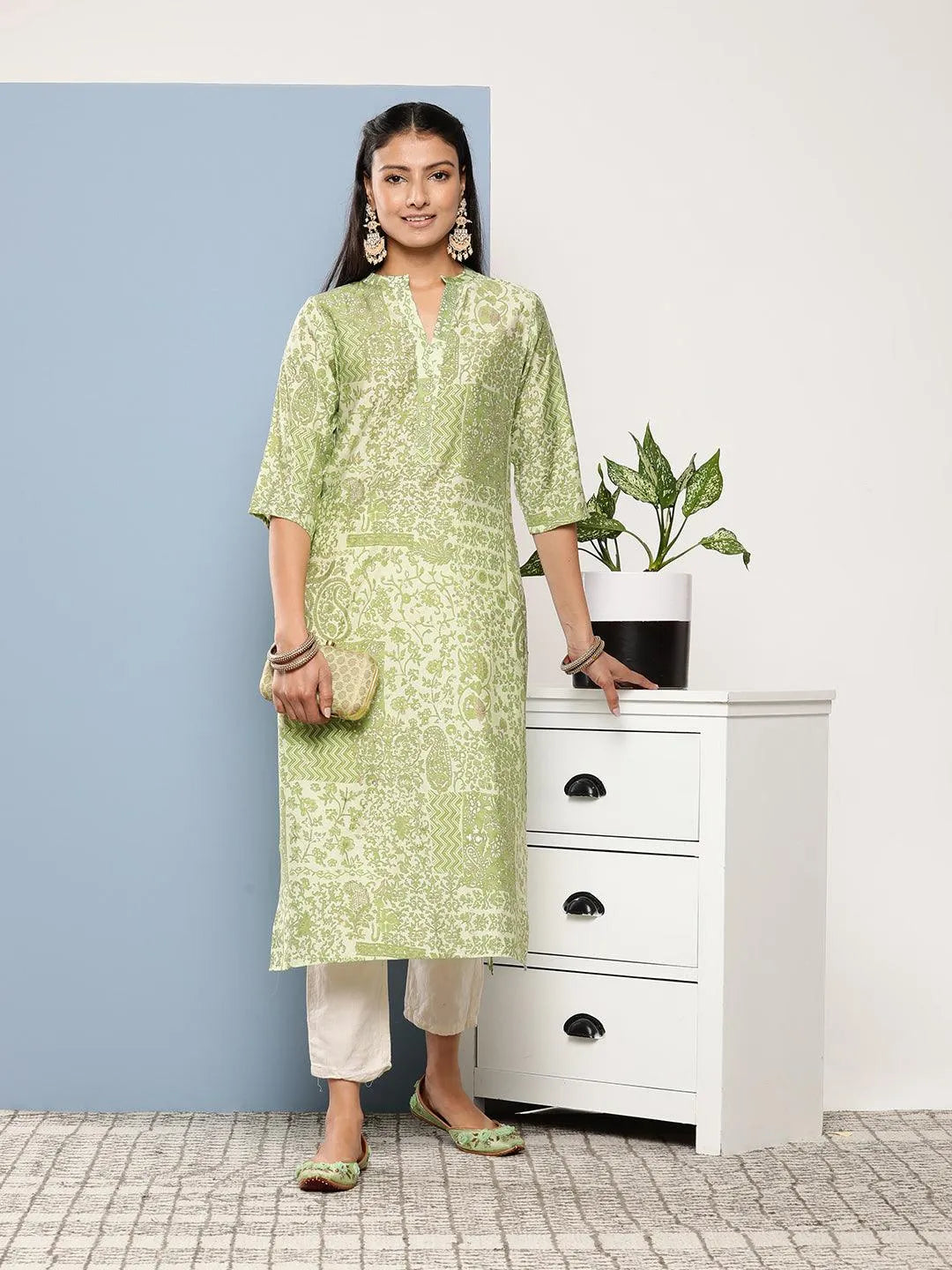 Green Printed Silk Straight Kurta - Jashvi