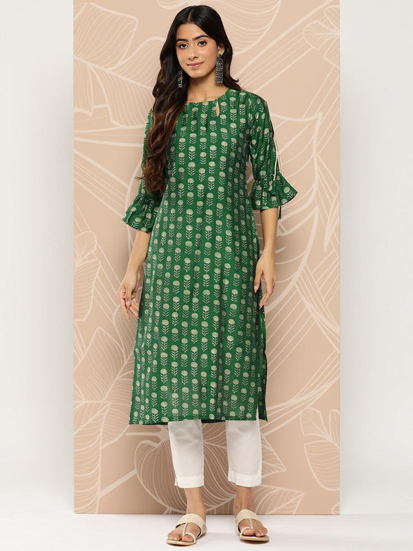 Green Printed Silk Straight Kurta - Jashvi