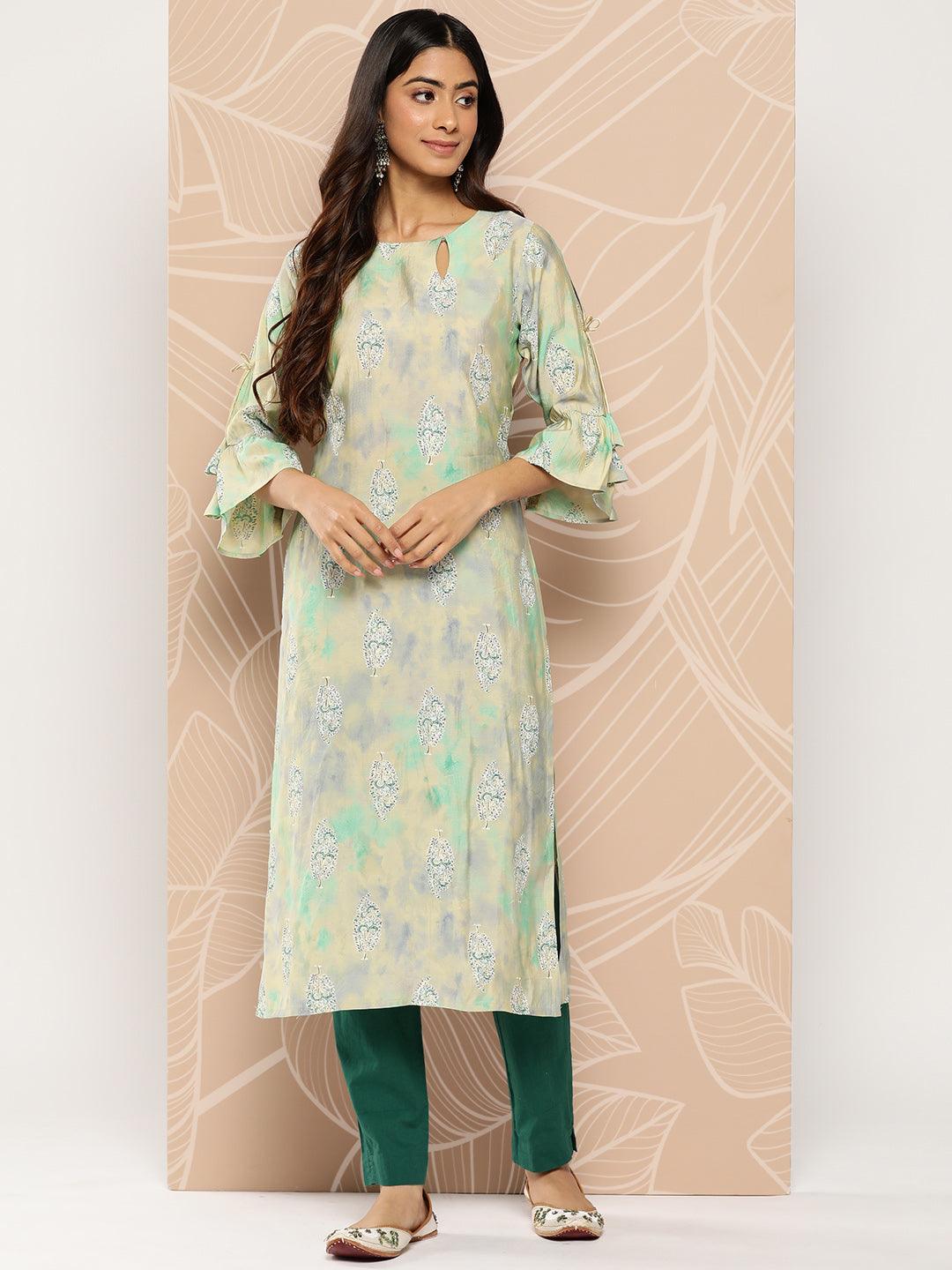 Green Printed Silk Straight Kurta - Jashvi