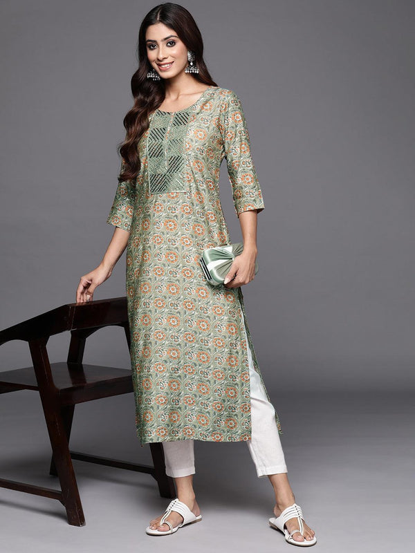 Green Printed Silk Straight Kurta - Jashvi