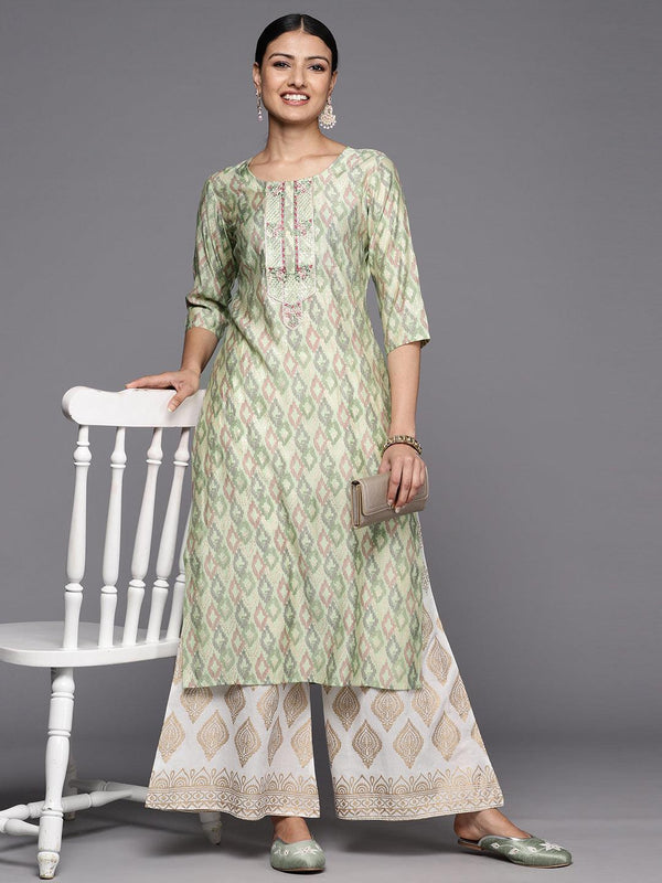 Green Printed Silk Straight Kurta