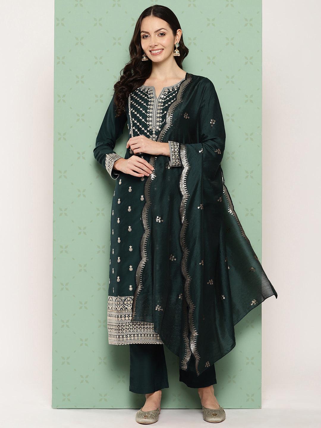 Green Printed Silk Straight Kurta With Trousers & Dupatta - Jashvi