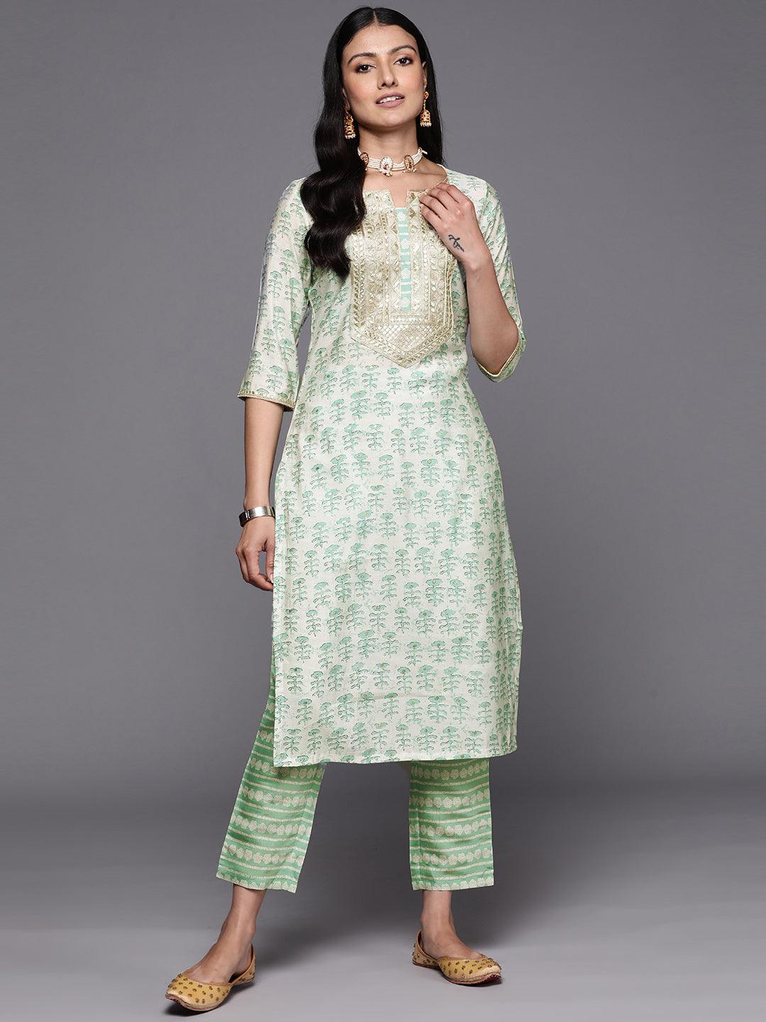 Green Printed Silk Straight Kurta Set With Trousers - Jashvi