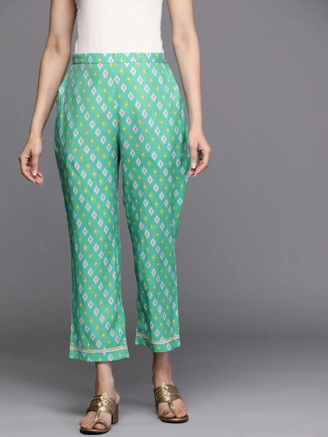 Green Printed Silk Trousers - Jashvi