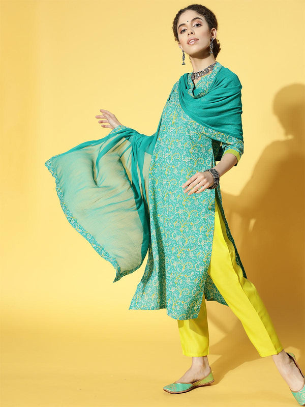 Women's Green Printed Straight Kurta Palazzo With Dupatta Set - Odette