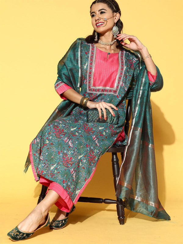 Women's Green Printed Straight Kurta Palazzo With Dupatta Set - Odette