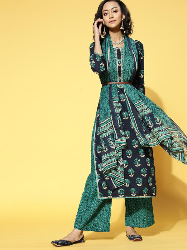 Women's Green Printed Straight Kurta Palazzo With Dupatta Set - Odette