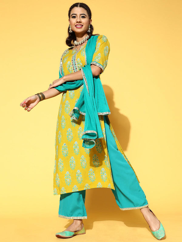 Women's Green Printed Straight Kurta Palazzo With Dupatta Set - Odette