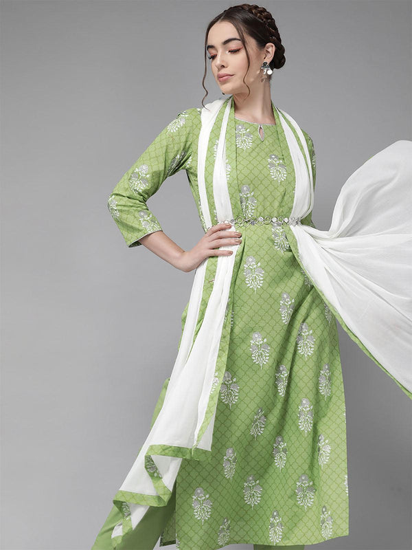 Women's Green Printed Straight Kurta Trouser With Dupatta Set - Odette