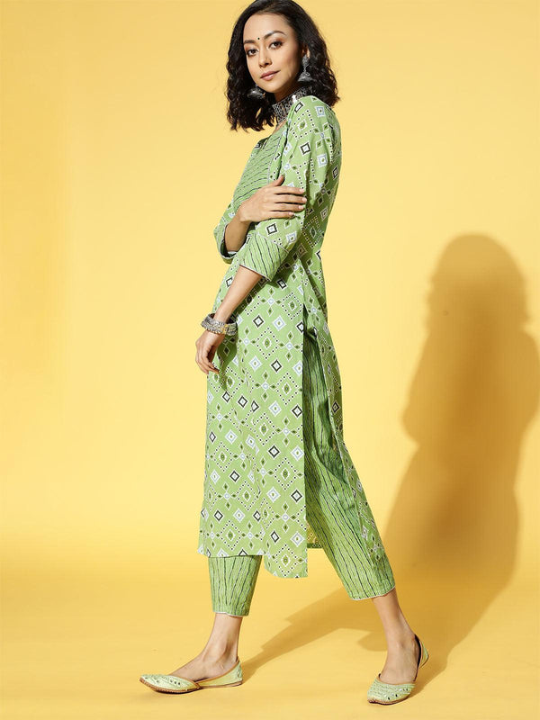 Women's Green Printed Straight Kurta Trouser With Dupatta Set - Odette