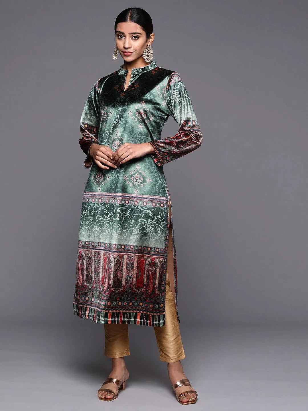 Green Printed Velvet Straight Kurta - Jashvi