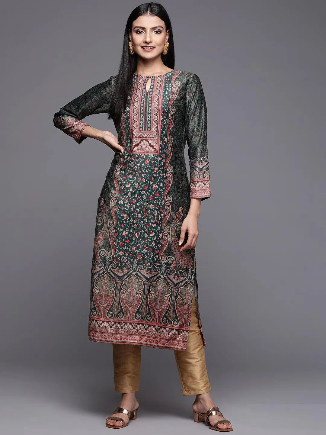 Green Printed Velvet Straight Kurta - Jashvi