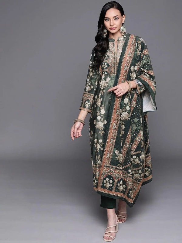 Green Printed Velvet Suit Set - Jashvi